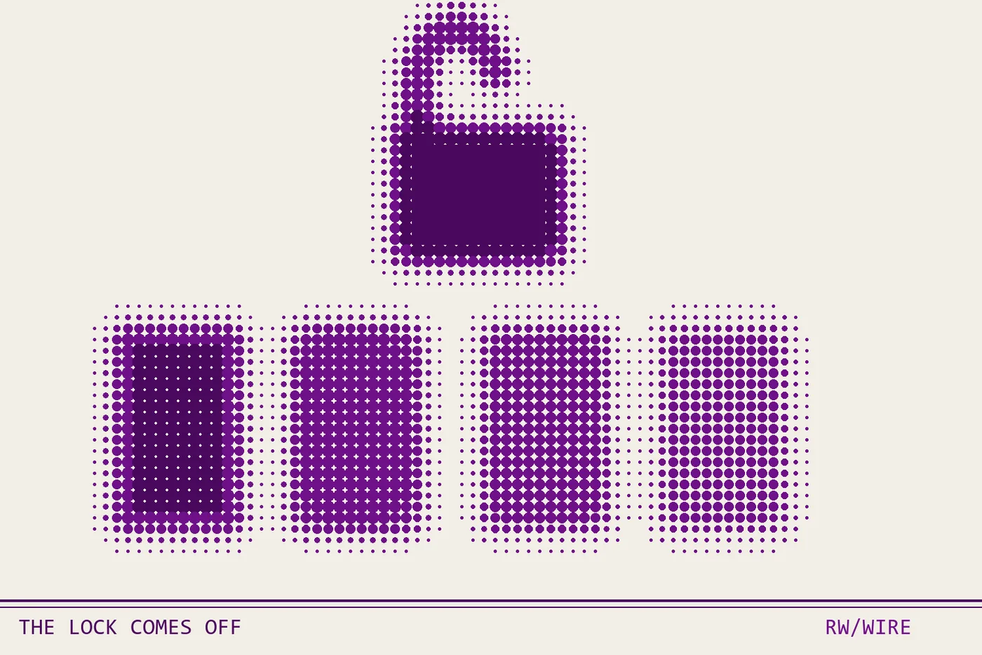 Halftone composition of an open padlock over a grid of stacked blocks